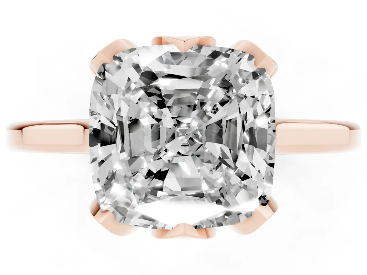 Cushion Cut Diamond Solitaire Ring with Flower Prong Setting and Classic Band Rose gold