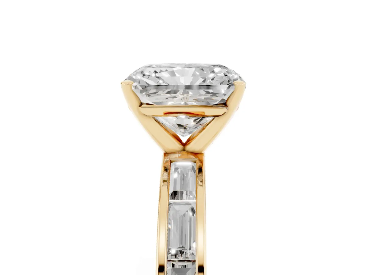 Radiant Cut Solitaire Diamond Ring with Channel-Set Baguette Band and Four-Prong Setting Yellow gold