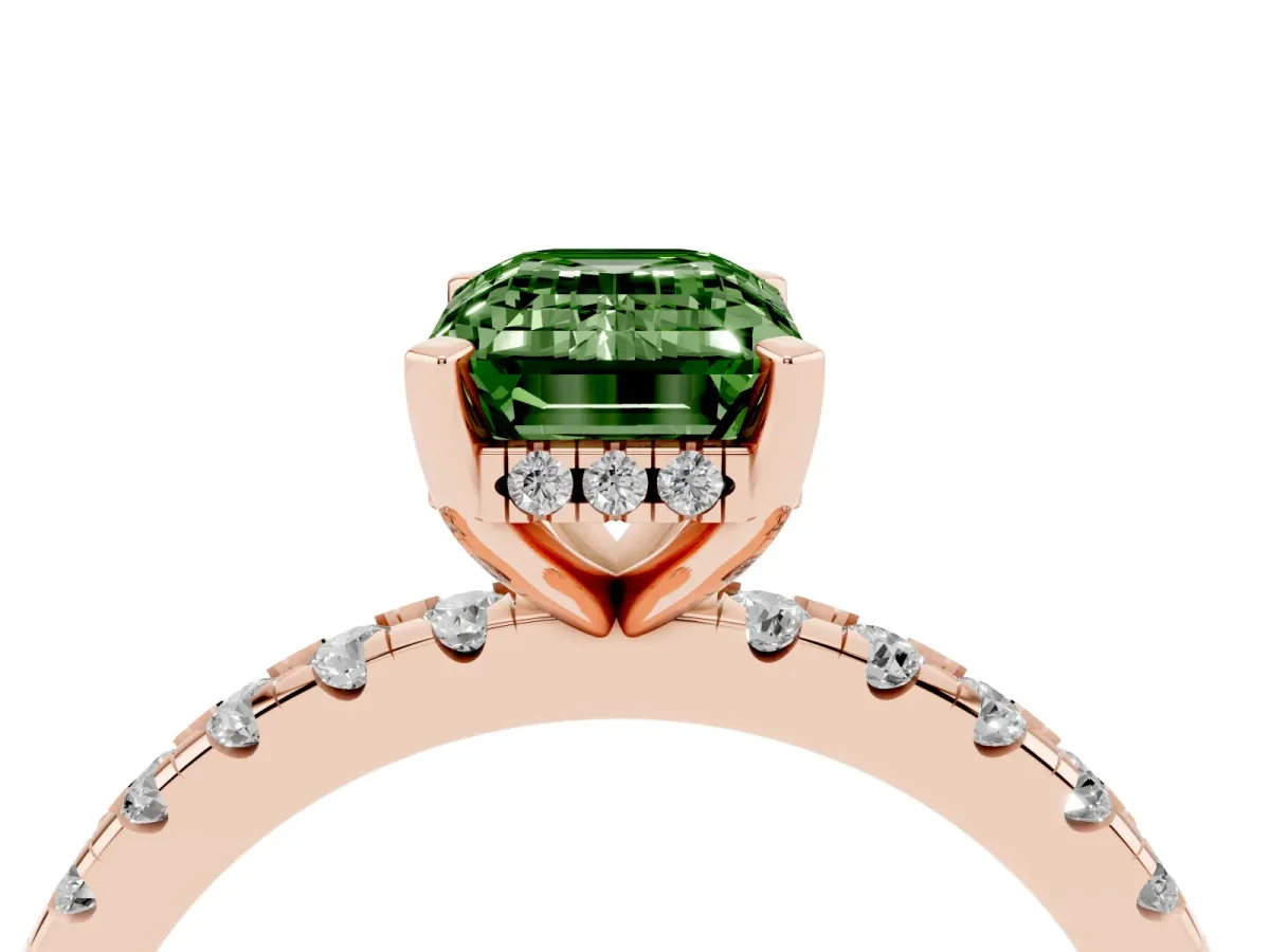 Fancy Green Emerald Cut Diamond Solitaire Ring with Round Pavé Band and Four-Prong Setting Rose gold