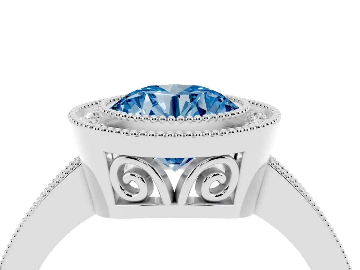 Fancy Blue Round Cut Cut Halo Diamond Ring with Pavé Band and Milgrain Prong Setting White gold