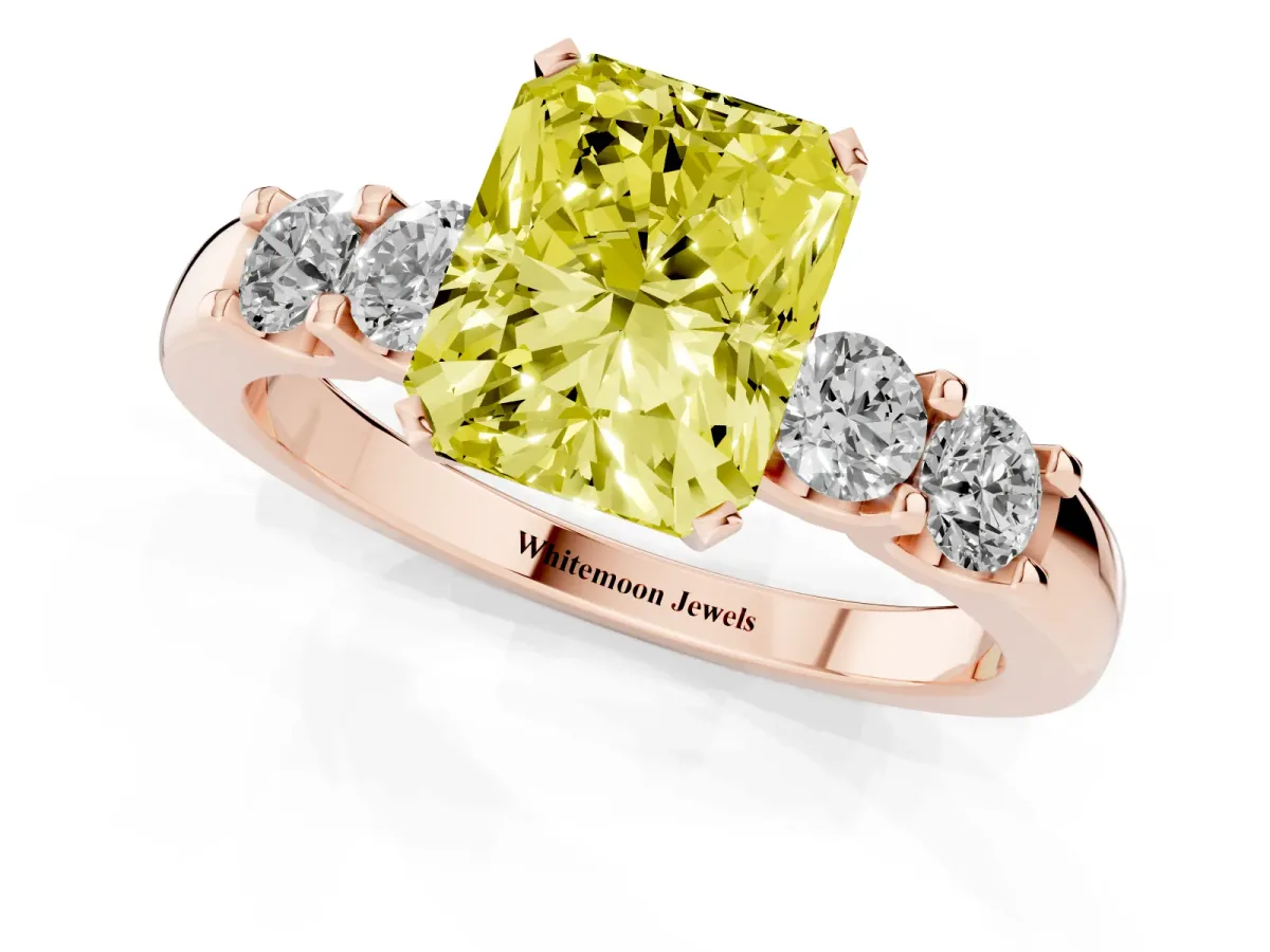 Fancy Yellow Radiant Cut Brilliant Cut Diamond Five-Stone Prong Set Engagement Ring with Channel Band Rose gold