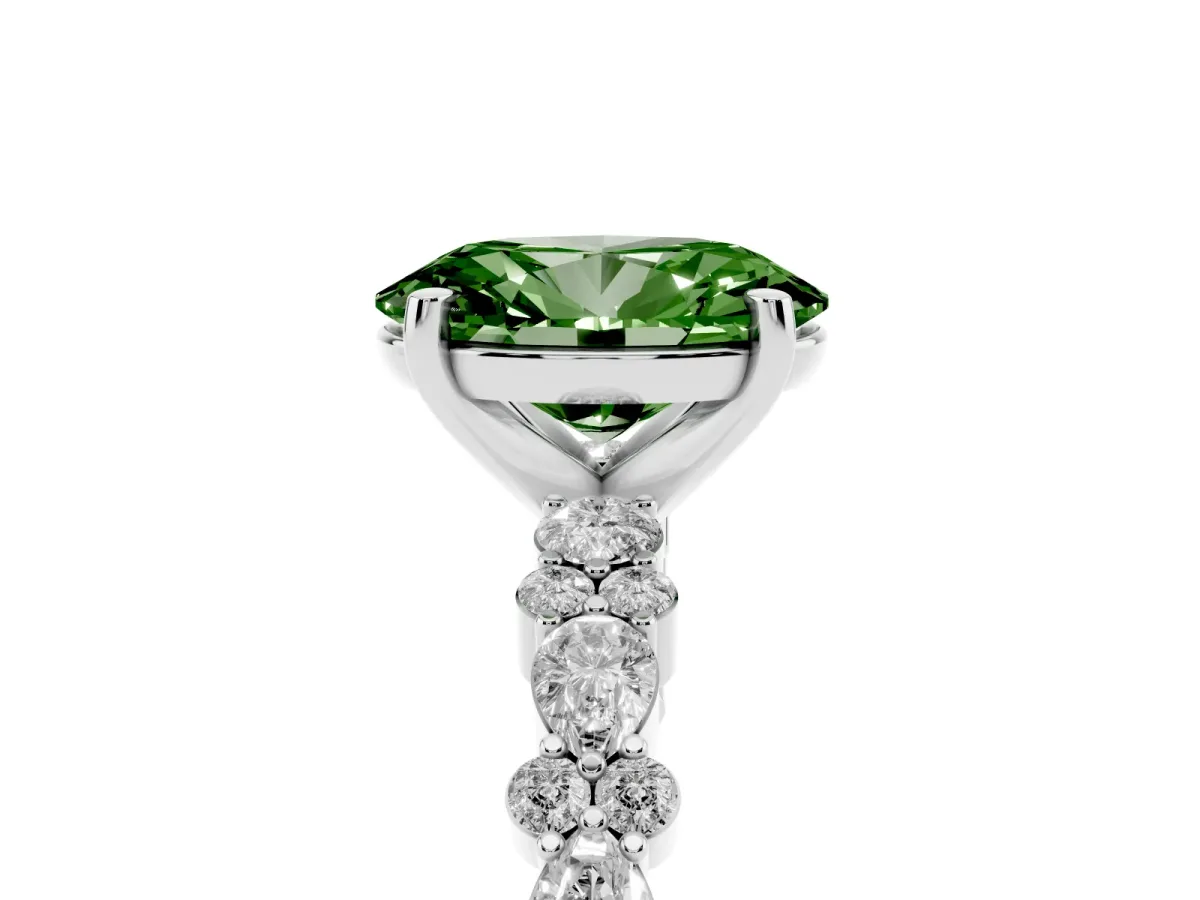 Fancy Green Oval Cut Diamond Side Stone Solitaire Ring with Round and Four-Prong Setting Silver