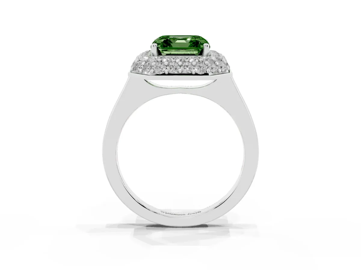 Fancy Green Asscher Cut Halo Diamond Engagement Ring with Solitaire Band and Four-Prong Setting Silver