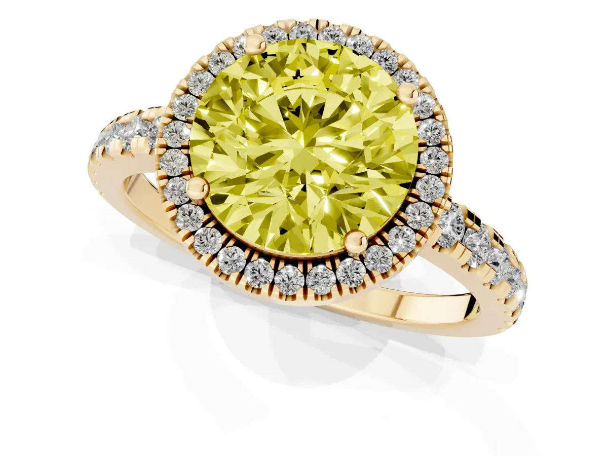 Fancy Yellow Round Cut Diamond Halo Ring with Pavé Band and Four-Prong Setting Yellow gold