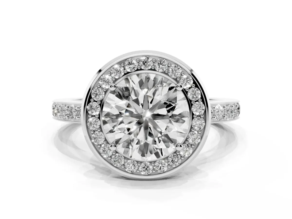 Round Cut Diamond Halo Ring with Bezel Frame and Pavé Band Platinum