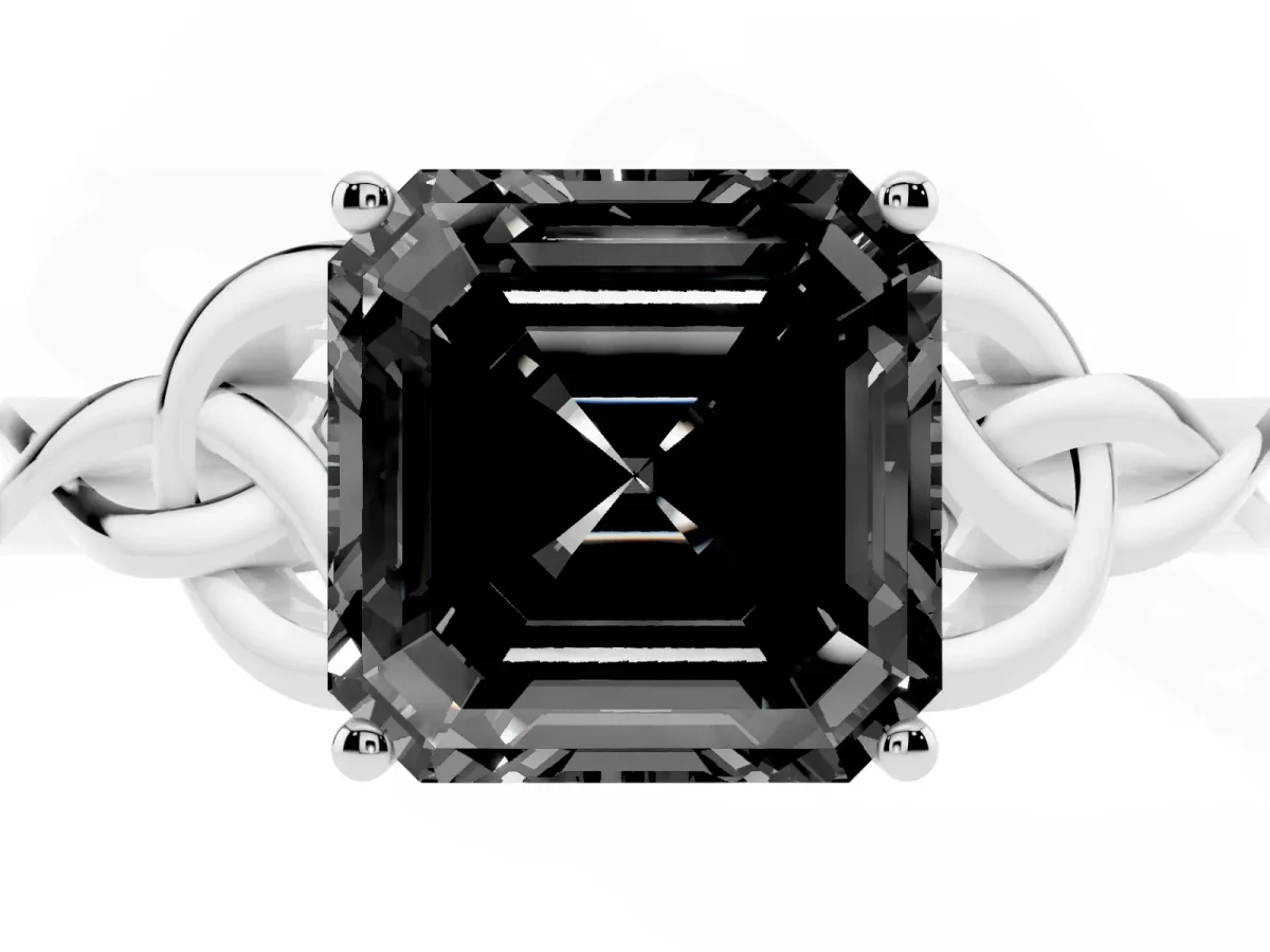Fancy Black Asscher Cut Diamond Solitaire Engagement Ring with Celtic Knot Band and Four-Prong Setting Silver
