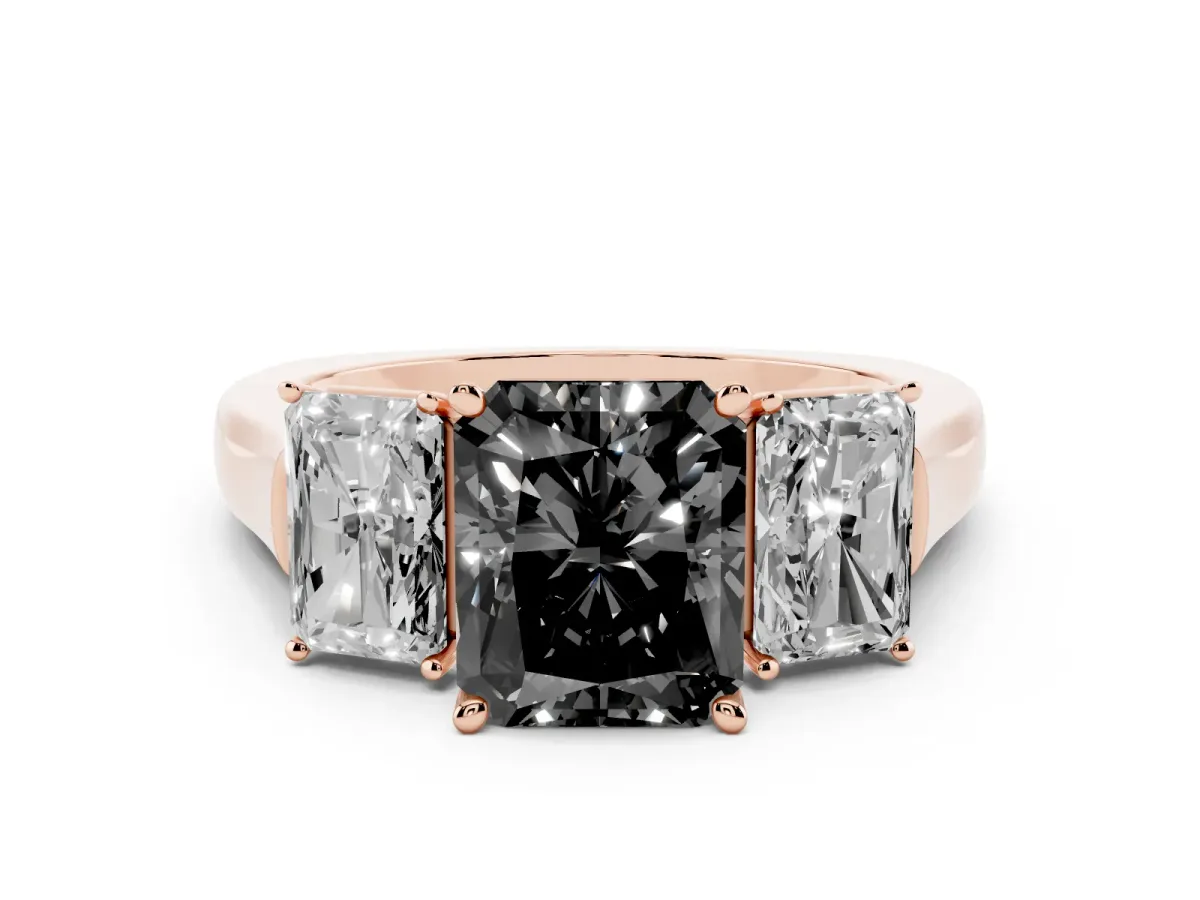 Fancy Black Three-Stone Radiant Cut Brilliant Diamond Trellis Ring with Comfort Fit Band Rose gold