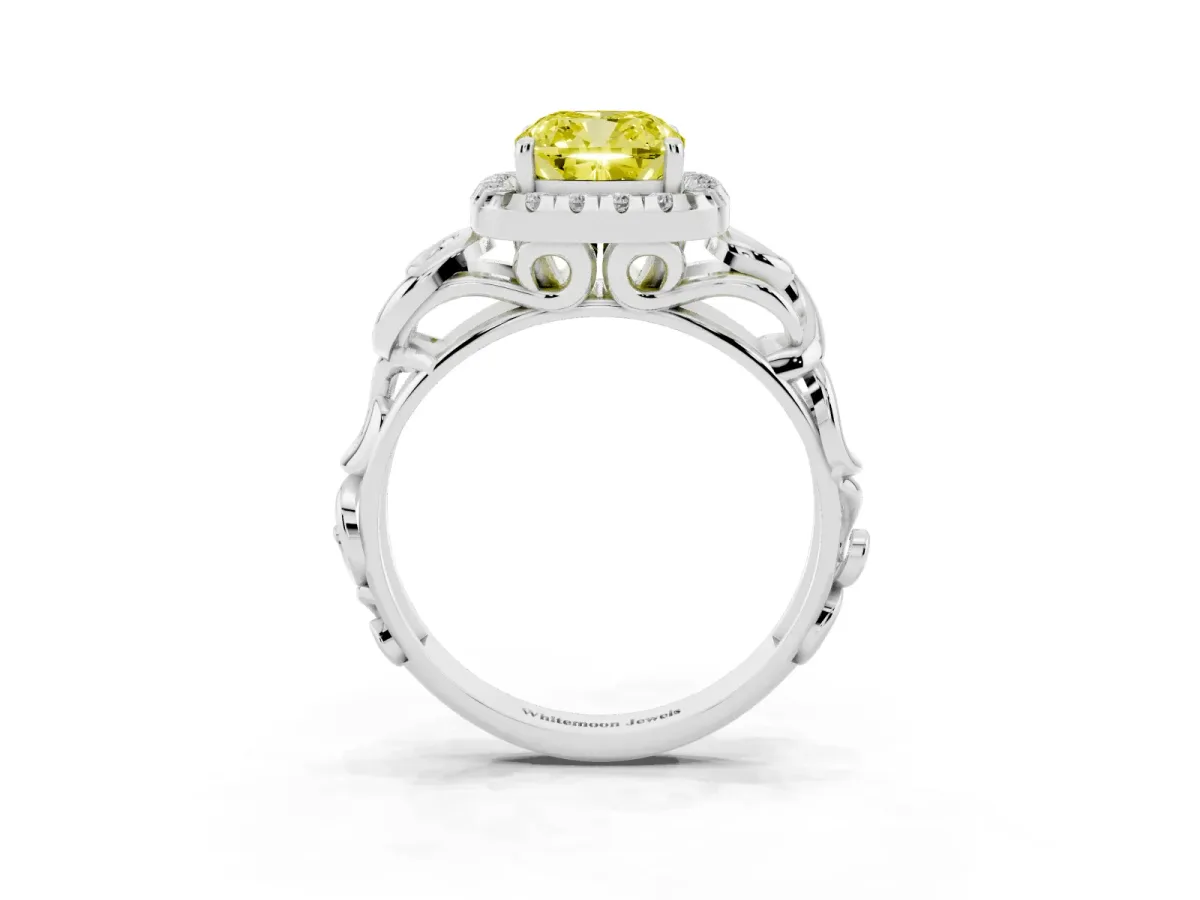 Fancy Yellow Cushion Cut Cut Halo Diamond Ring with Scrollwork Band and Four-Prong Setting Silver