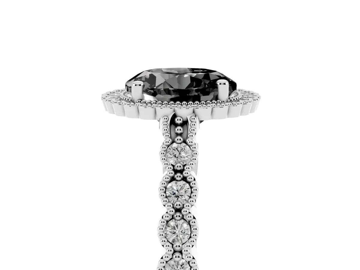Fancy Black Round Cut Cut Halo Pavé Solitaire Ring with Milgrain Band White gold