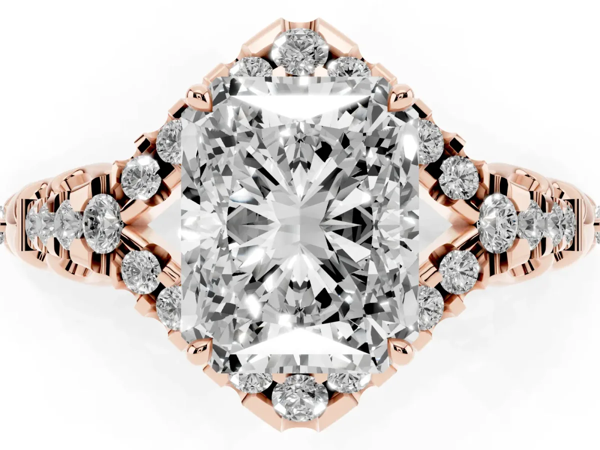 Radiant Cut Diamond Solitaire Ring with Hidden Halo and Pavé Band Rose gold