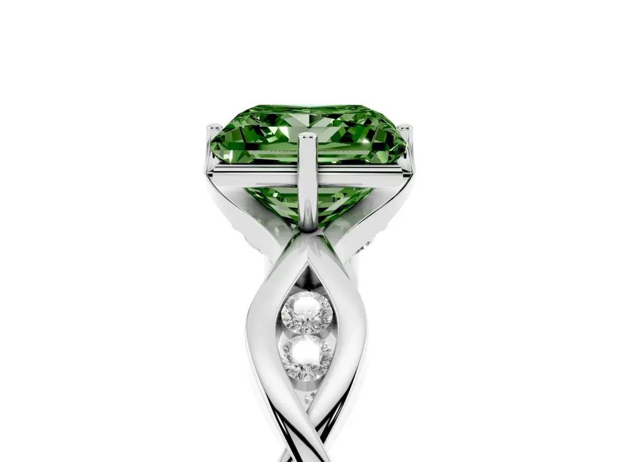 Fancy Green Princess Cut Solitaire Twist Band with Leaf Prong Setting Silver