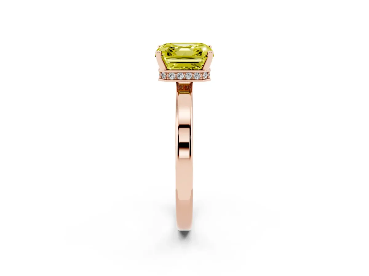 Fancy Yellow Asscher Cut Cut Solitaire Engagement Ring with Four-Prong Setting on a Classic Band Rose gold