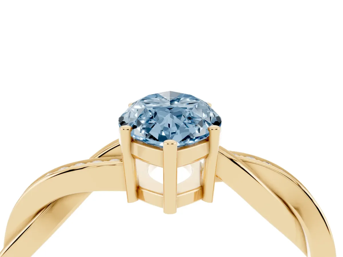 Fancy Blue Marquise Cut Solitaire Twisted Pave Diamond Ring with Four-Prong Setting Yellow gold