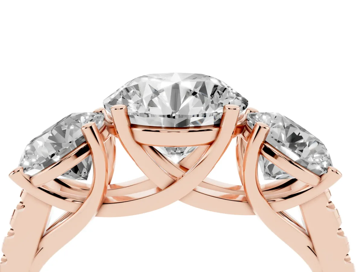 Three-Stone Round Cut Diamond Ring with Round Pavé Band and Prong Setting Rose gold