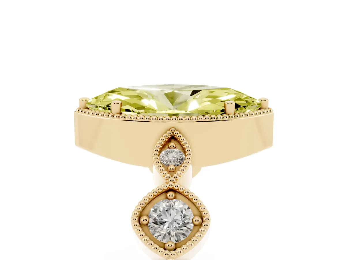 Fancy Yellow Marquise Cut Diamond Vintage Milgrain Ring with Round Stations Yellow gold