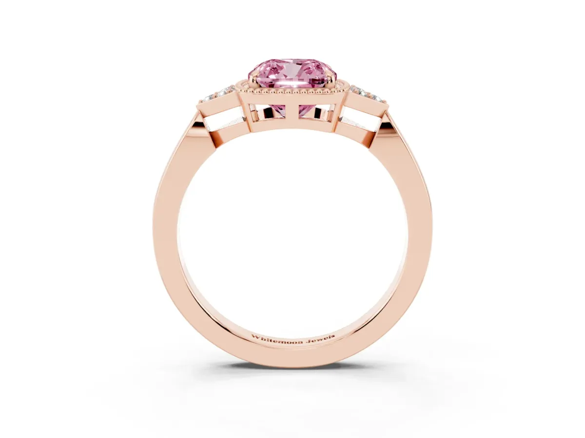 Fancy Pink Hexagonal Halo Cushion Cut Diamond Solitaire with Pavé Band and Four-Prong Setting Rose gold