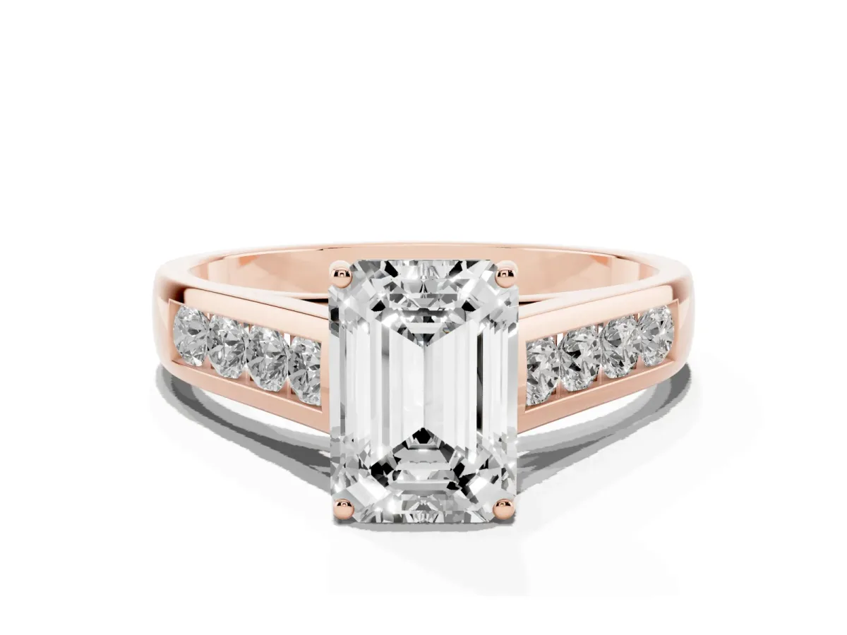 Emerald Cut Solitaire Channel-Set Diamond Engagement Ring with Four-Prong Setting Rose gold