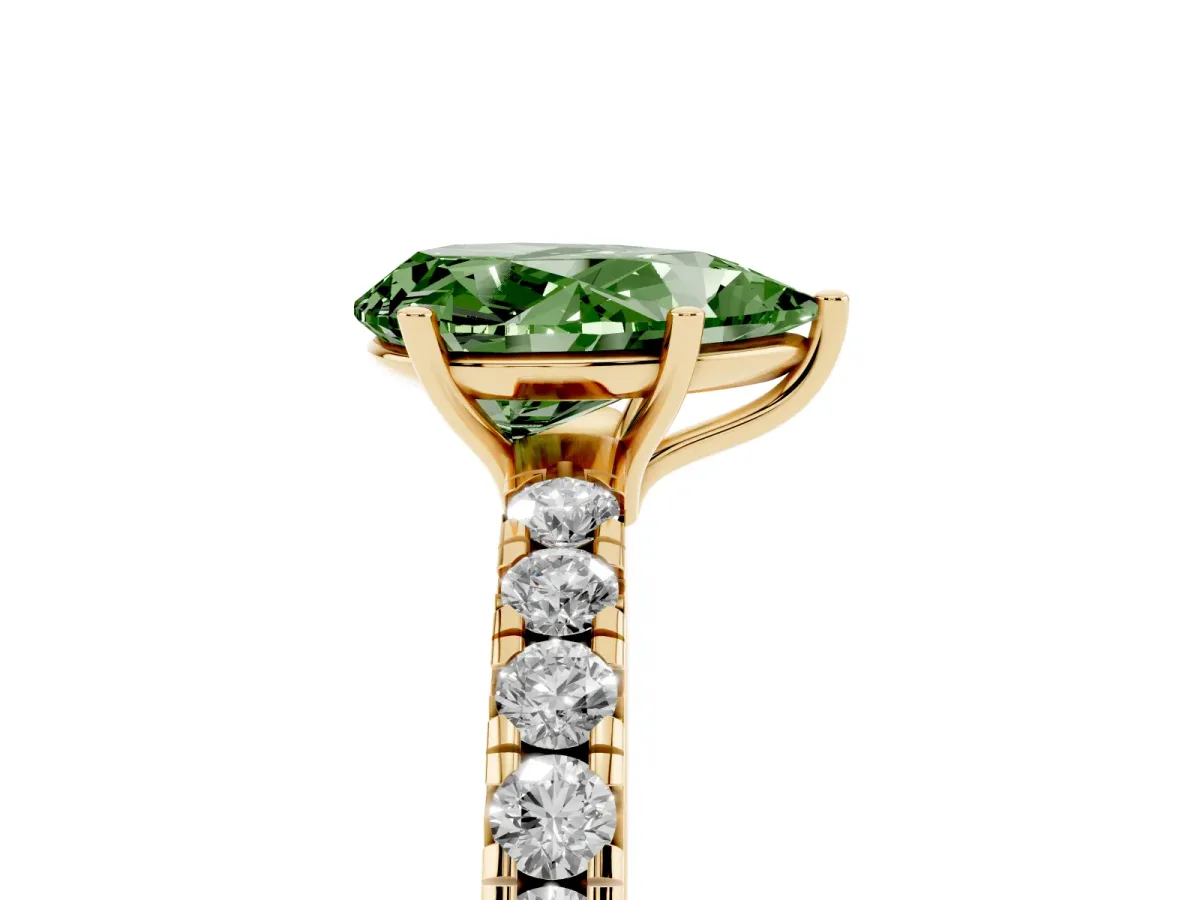 Fancy Green Pear Cut Diamond Pavé Solitaire Engagement Ring with Four-Prong Setting Yellow gold