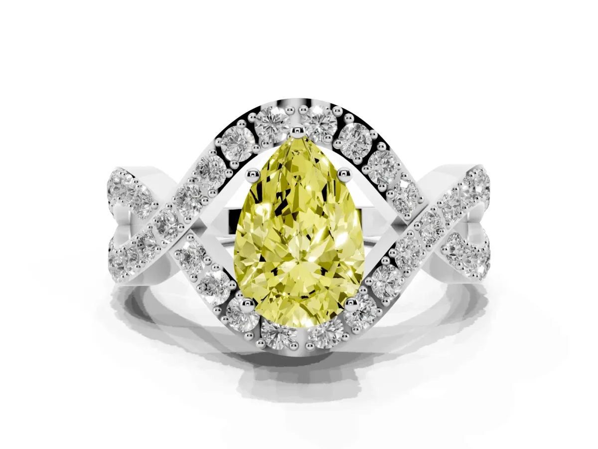 Fancy Yellow Pear Cut Solitaire Twist Band Pavé Diamond Engagement Ring Silver