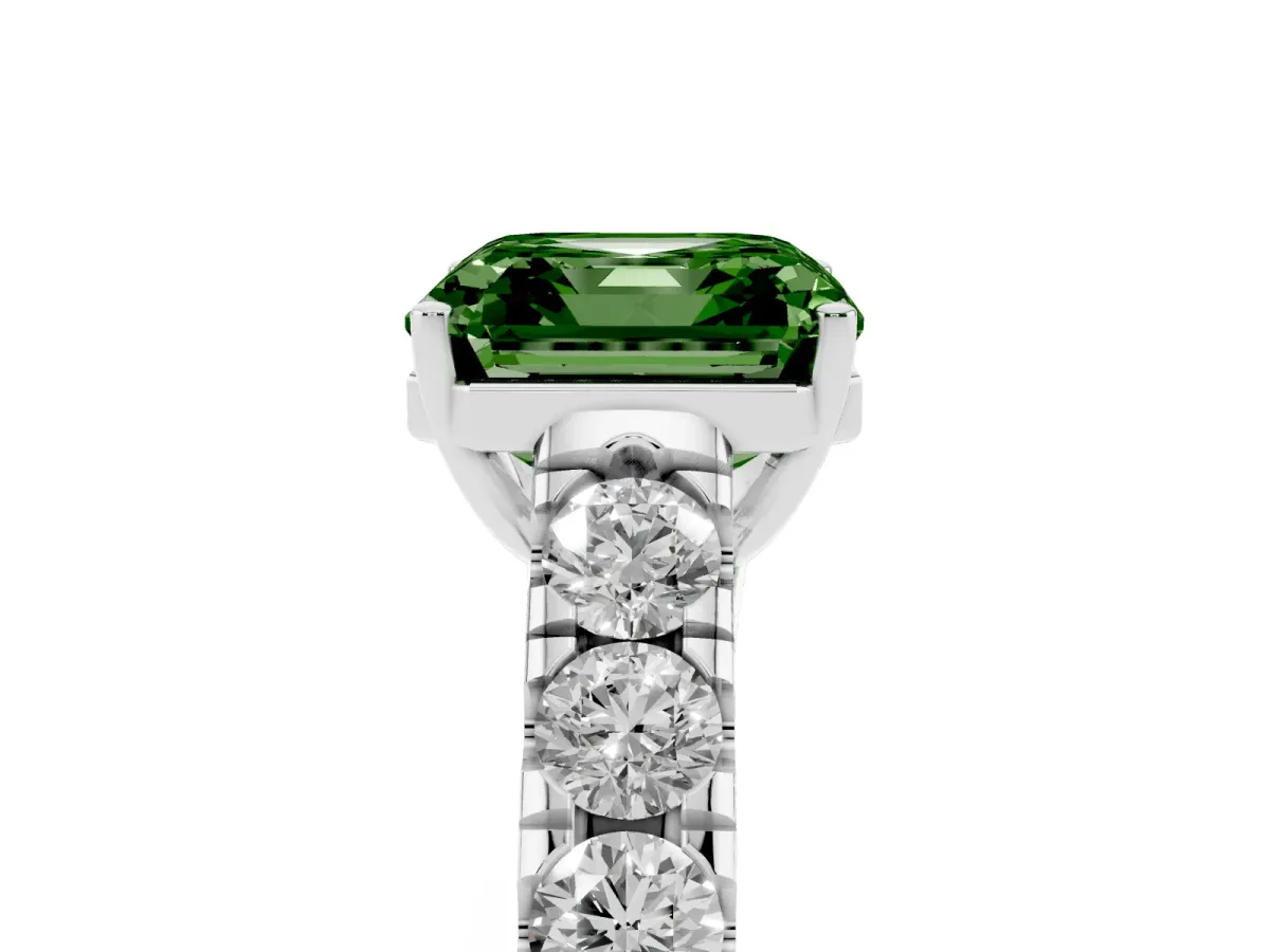 Fancy Green Asscher Cut Cut Diamond Solitaire Ring with Micro Pave Band and Prong Setting Silver