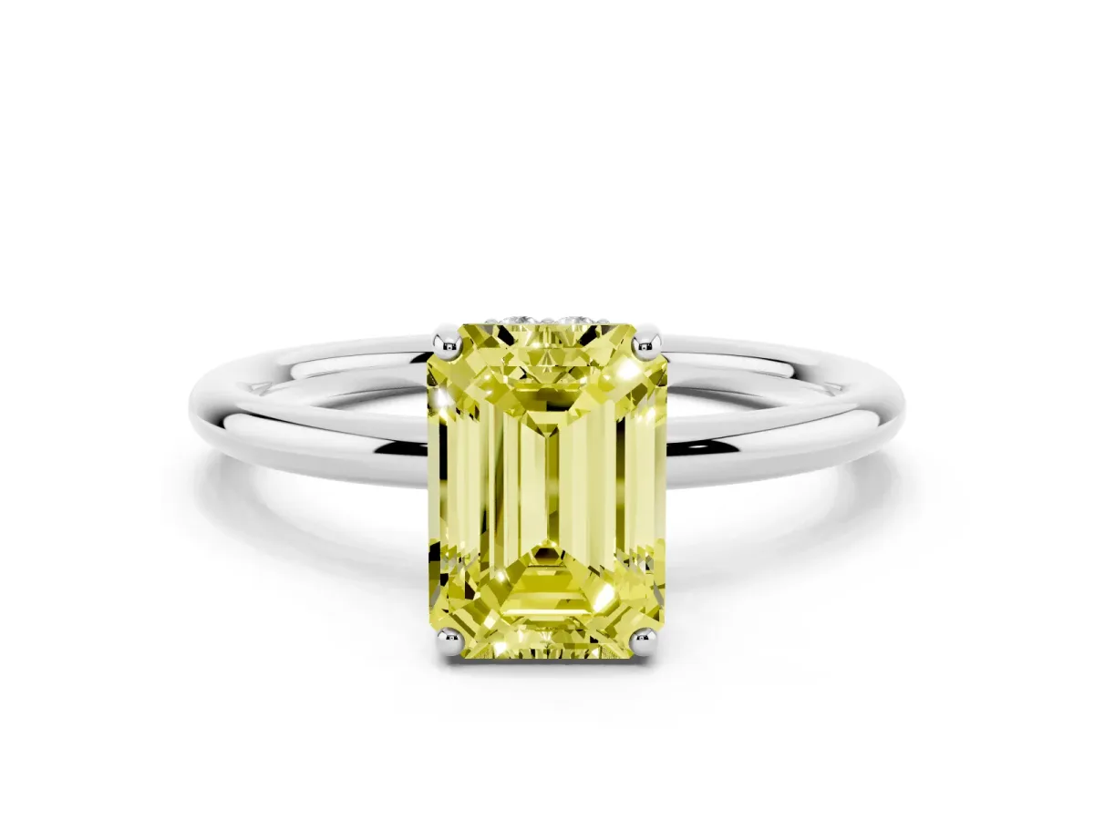 Fancy Yellow Emerald Cut Solitaire Diamond Ring with a Classic Band and Four-Prong Setting Silver