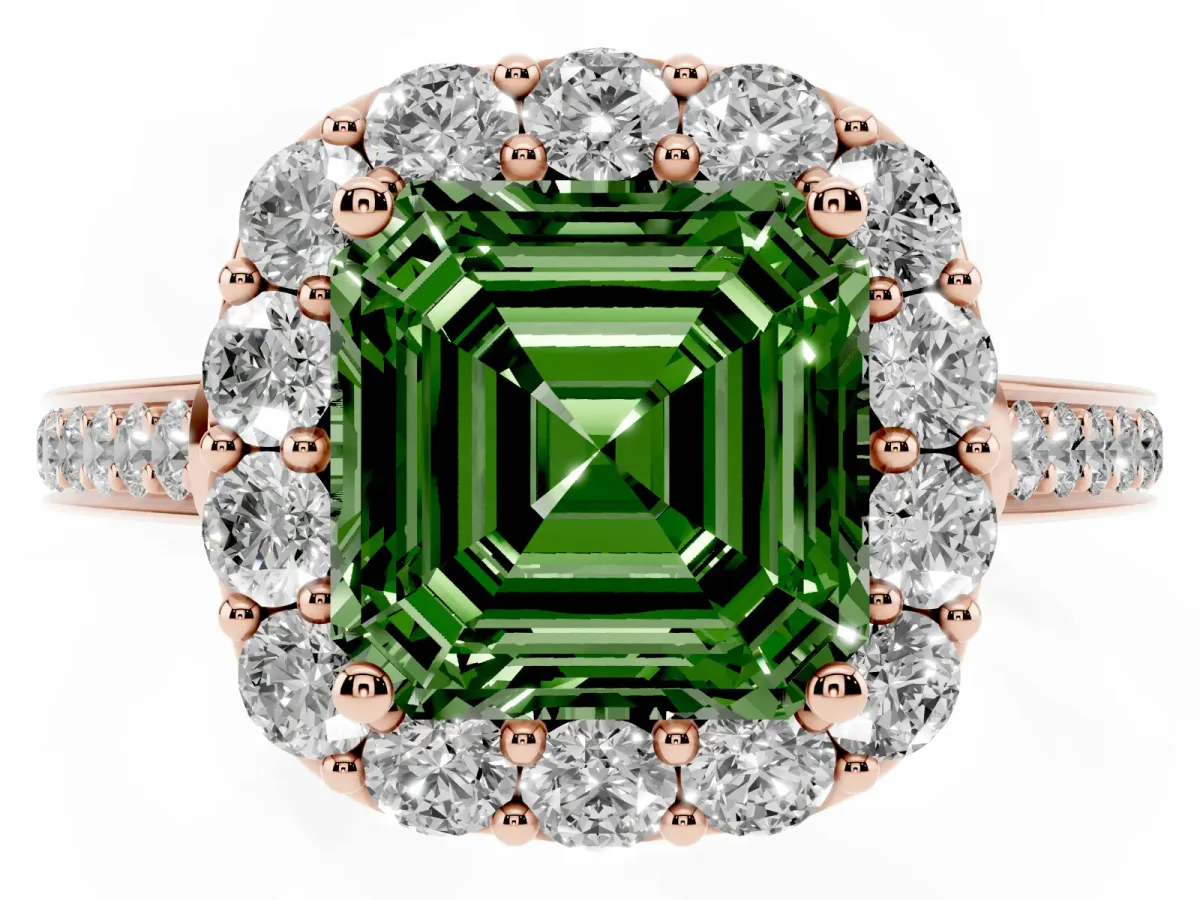 Fancy Green Asscher Cut Diamond Floral Halo Ring with Pavé Band and Prong Setting Rose gold