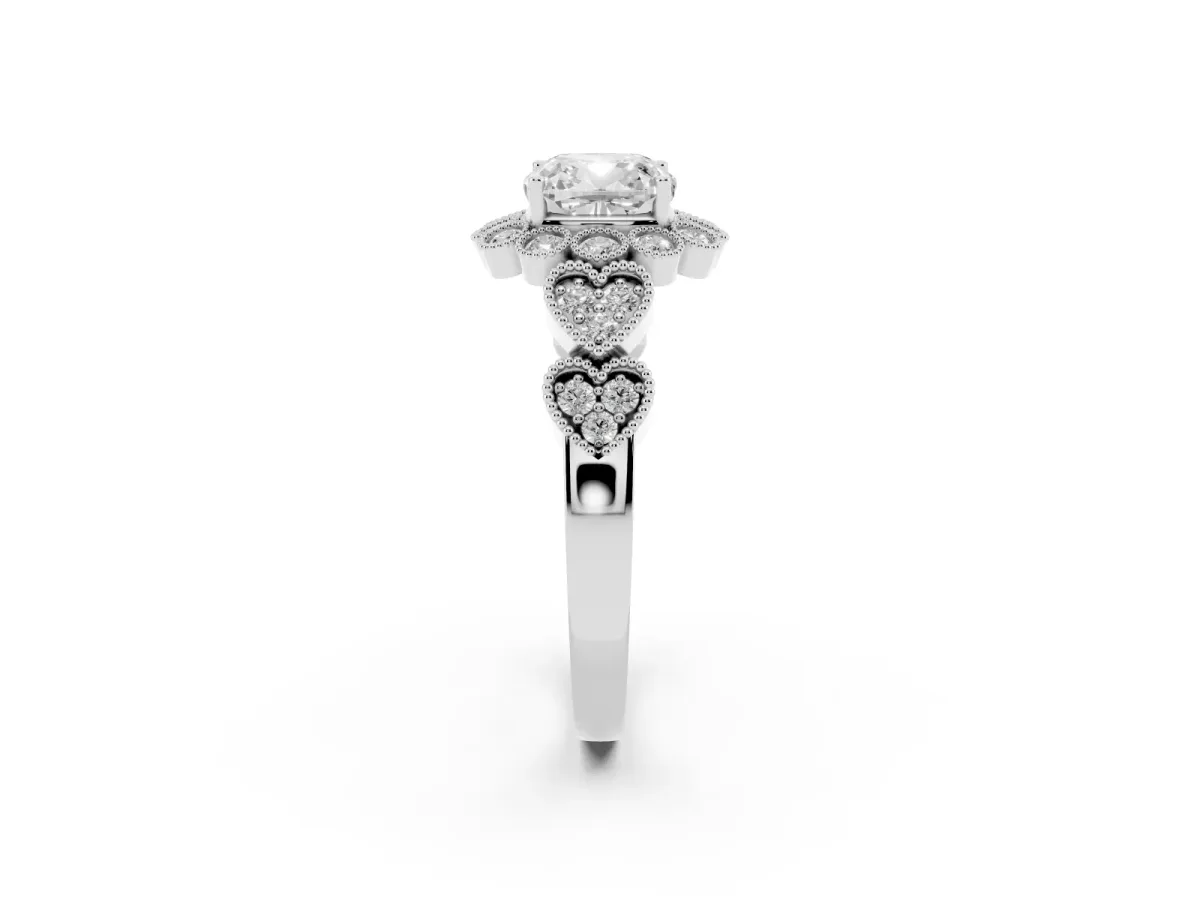 Cushion Cut Brilliant Milgrain Pave Heart Band Solitaire Ring Silver