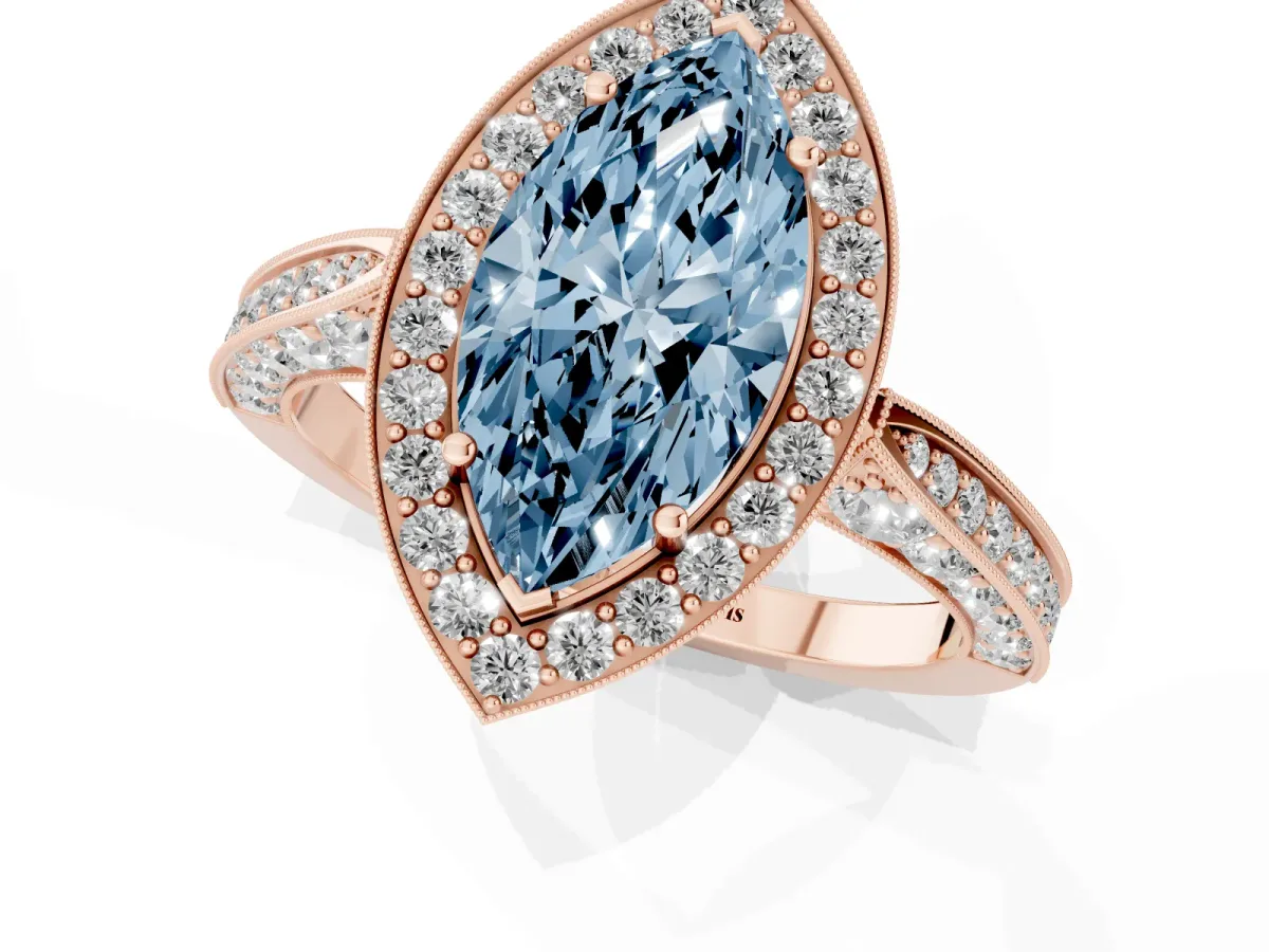 Fancy Blue Marquise Cut Halo Diamond Engagement Ring with Split Shank Band and Four-Prong Setting Rose gold