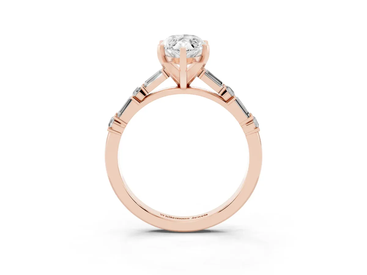 Marquise Cut Diamond Solitaire with Side Baguettes and Channel Set Band Rose gold