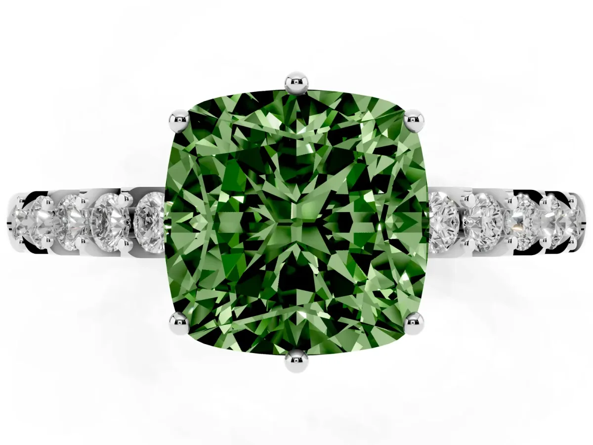 Fancy Green Cushion Cut Solitaire Diamond Engagement Ring with Pavé Band and Six-Prong Setting Silver