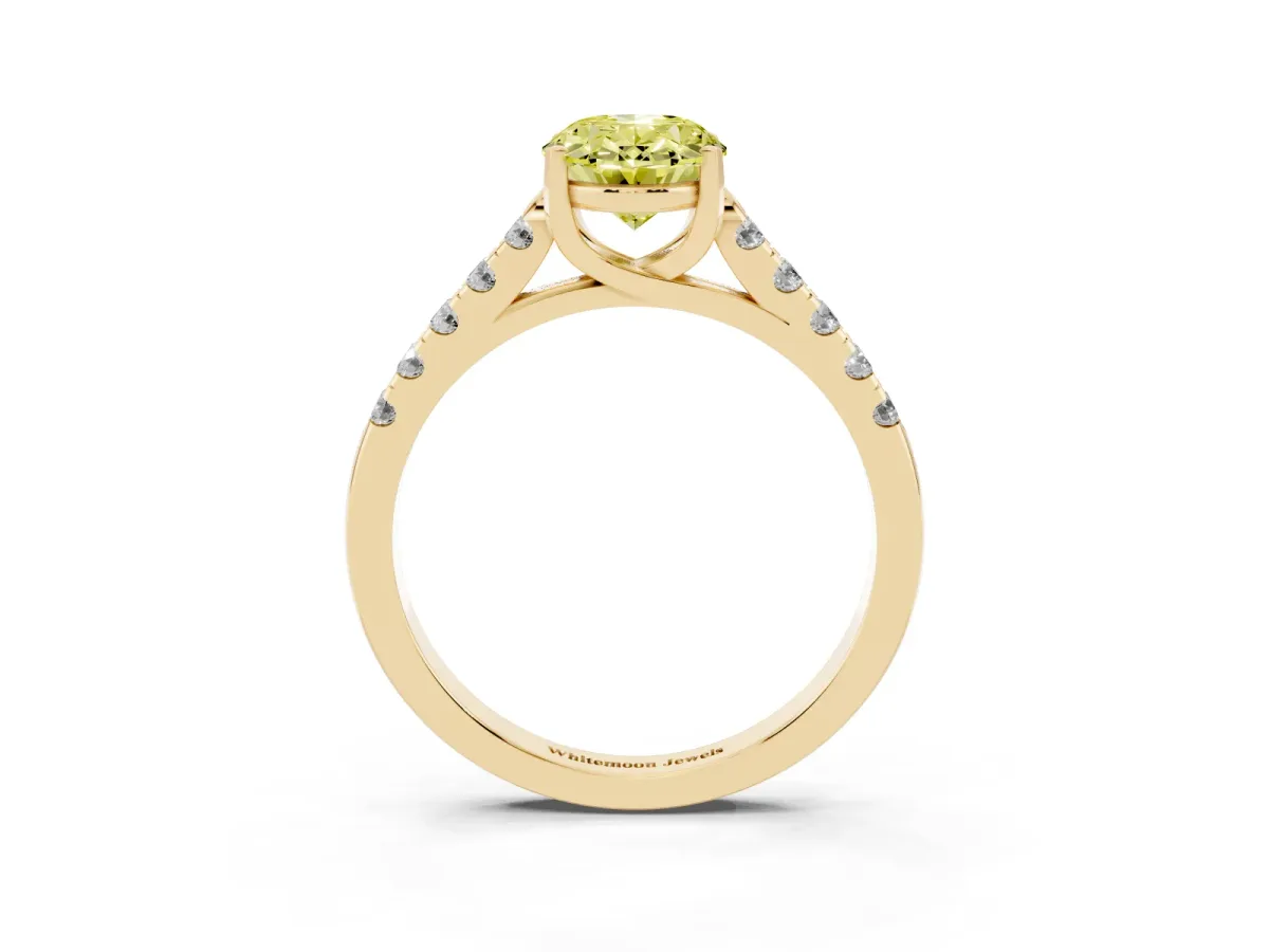 Fancy Yellow Oval Cut Diamond Pavé Band Solitaire Ring with Prong Setting Yellow gold