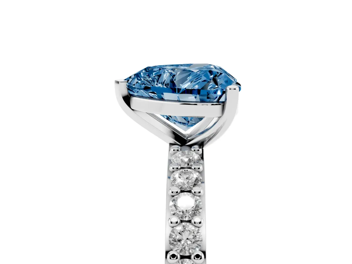 Fancy Blue Heart Cut Cut Diamond Solitaire with Pave Band and Four-Prong Setting Silver