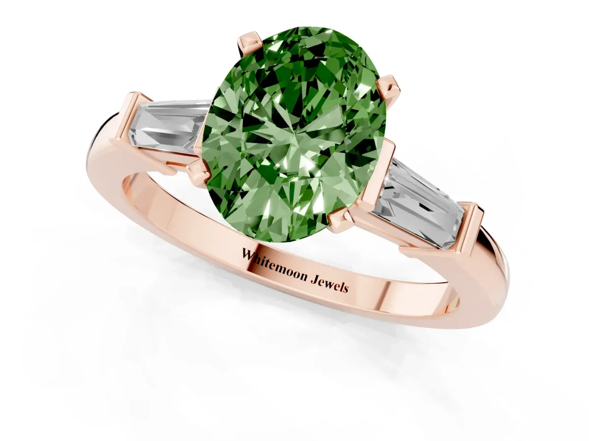 Fancy Green Oval Cut Cut Diamond Solitaire Ring with Tapered Baguette Accents and Four-Prong Setting Rose gold