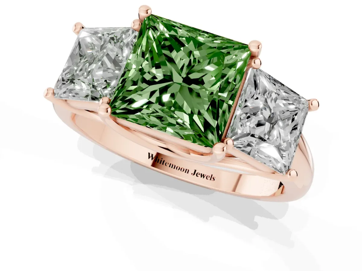 Fancy Green Three-Stone Princess Cut Diamond Engagement Ring with Prong Setting Rose gold