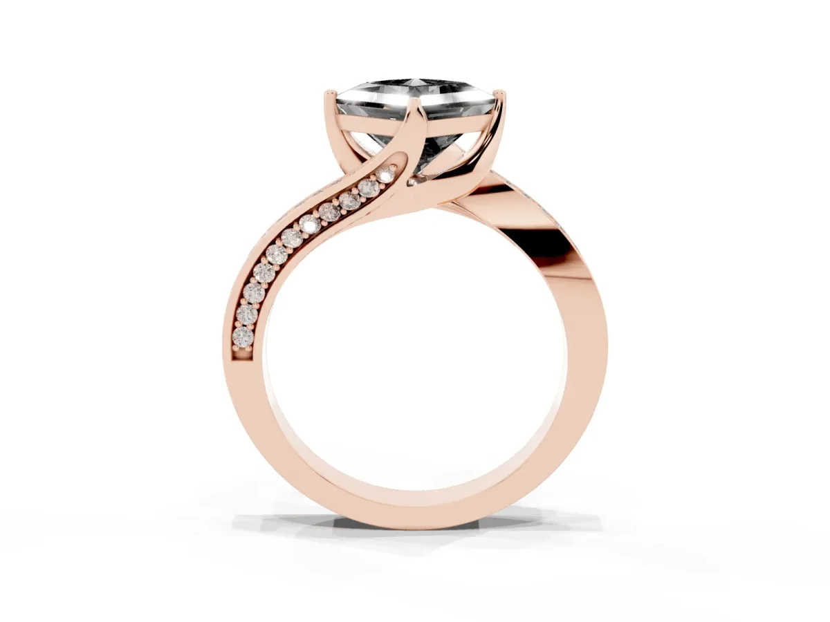 Fancy Black Princess Cut Solitaire Diamond Twist Band with Pavé Setting and Four-Prong Setting Rose gold