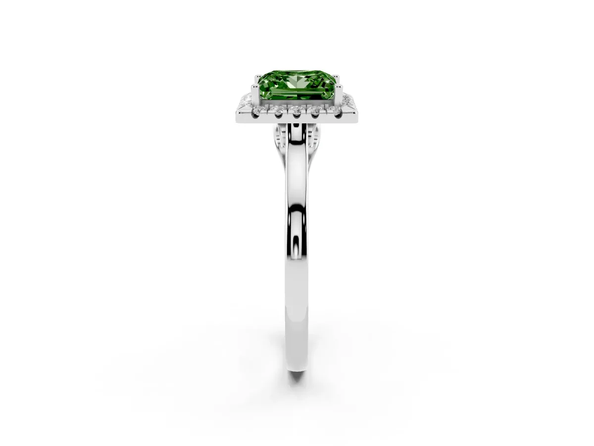 Fancy Green Princess Cut Halo Round Diamond Solitaire Ring with Pavé Band and Four-Prong Setting Platinum