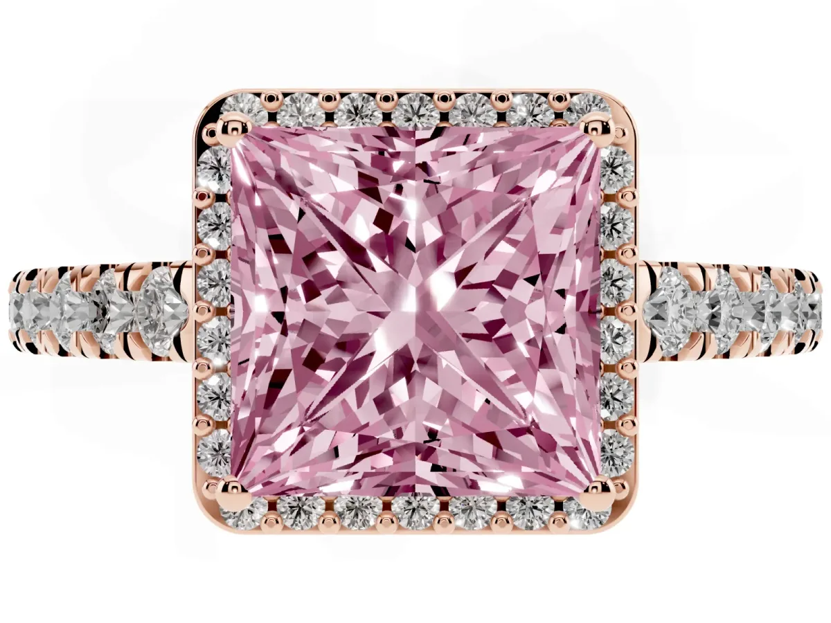 Fancy Pink Princess Cut Cut Halo Diamond Engagement Ring with Pave Band and Four-Prong Setting Rose gold