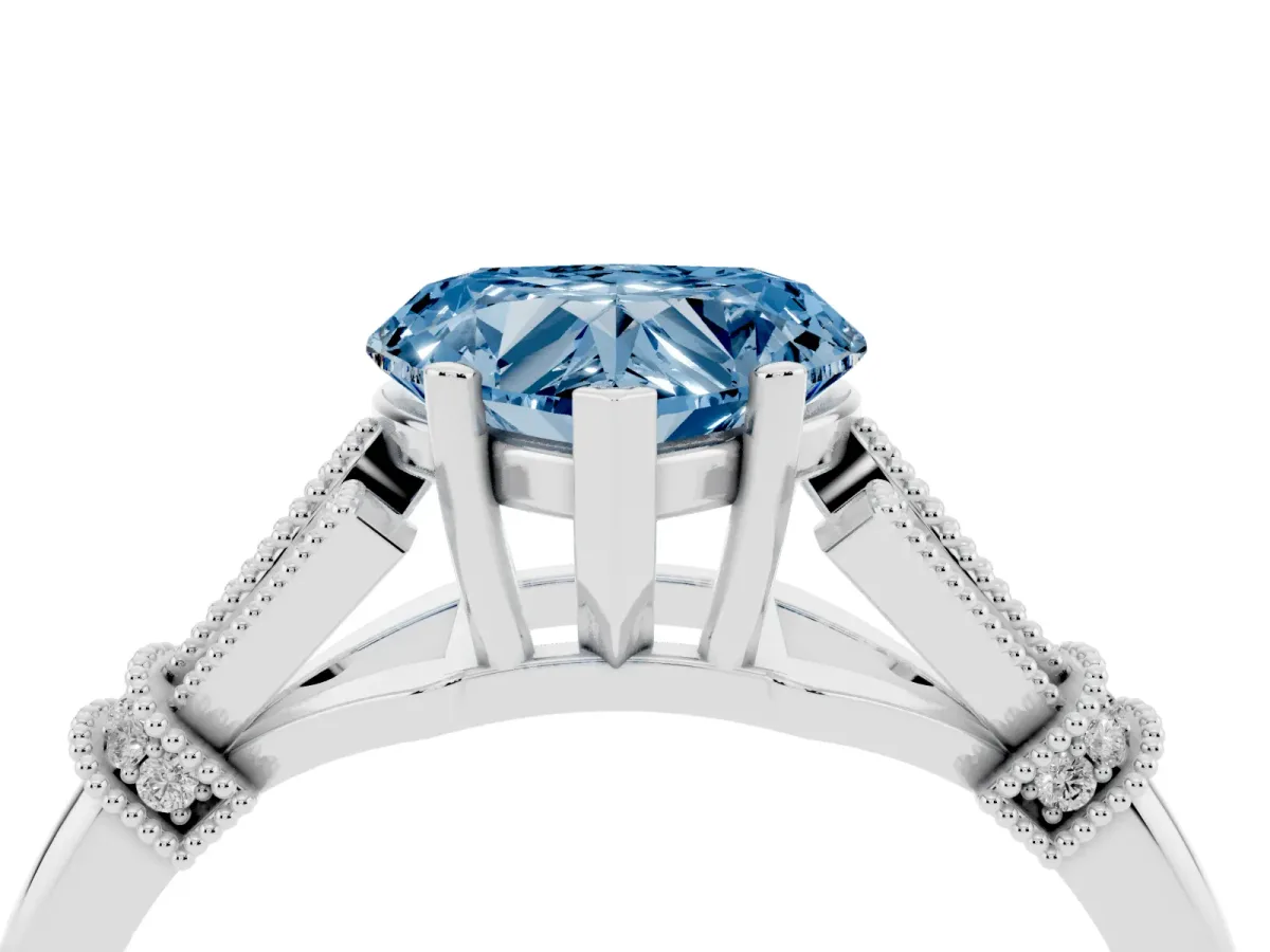Fancy Blue Heart Cut Diamond Solitaire Ring with Floral Filigree and Pave Accents Silver