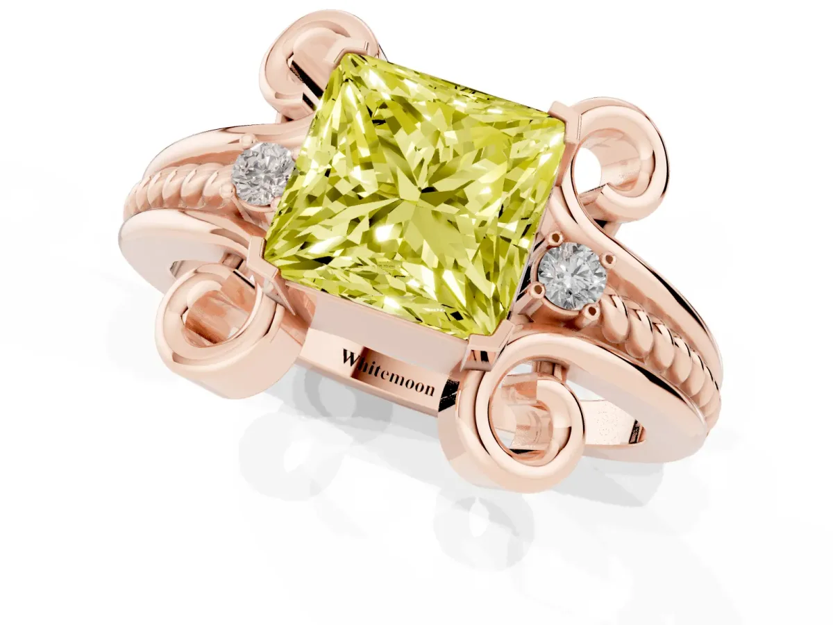 Fancy Yellow Princess Cut Solitaire Twisted Band Scroll Prong Ring Rose gold