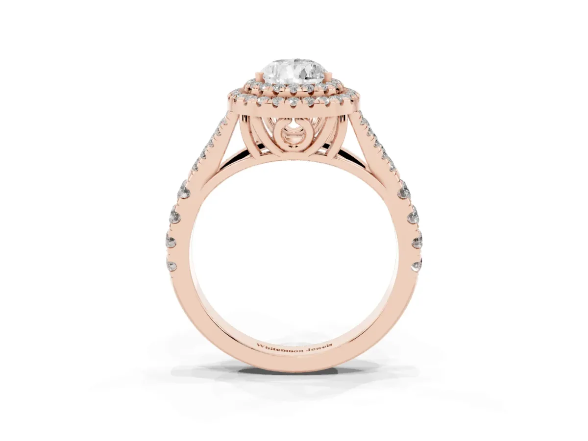 Double Halo Pear Cut Diamond Split Shank Engagement Ring with Four-Prong Setting Rose gold