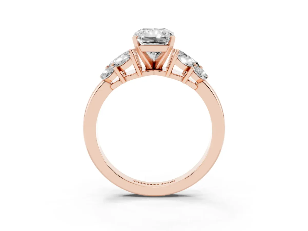 Radiant Cut Diamond Cluster Leaf Design Ring with Prong Setting Rose gold