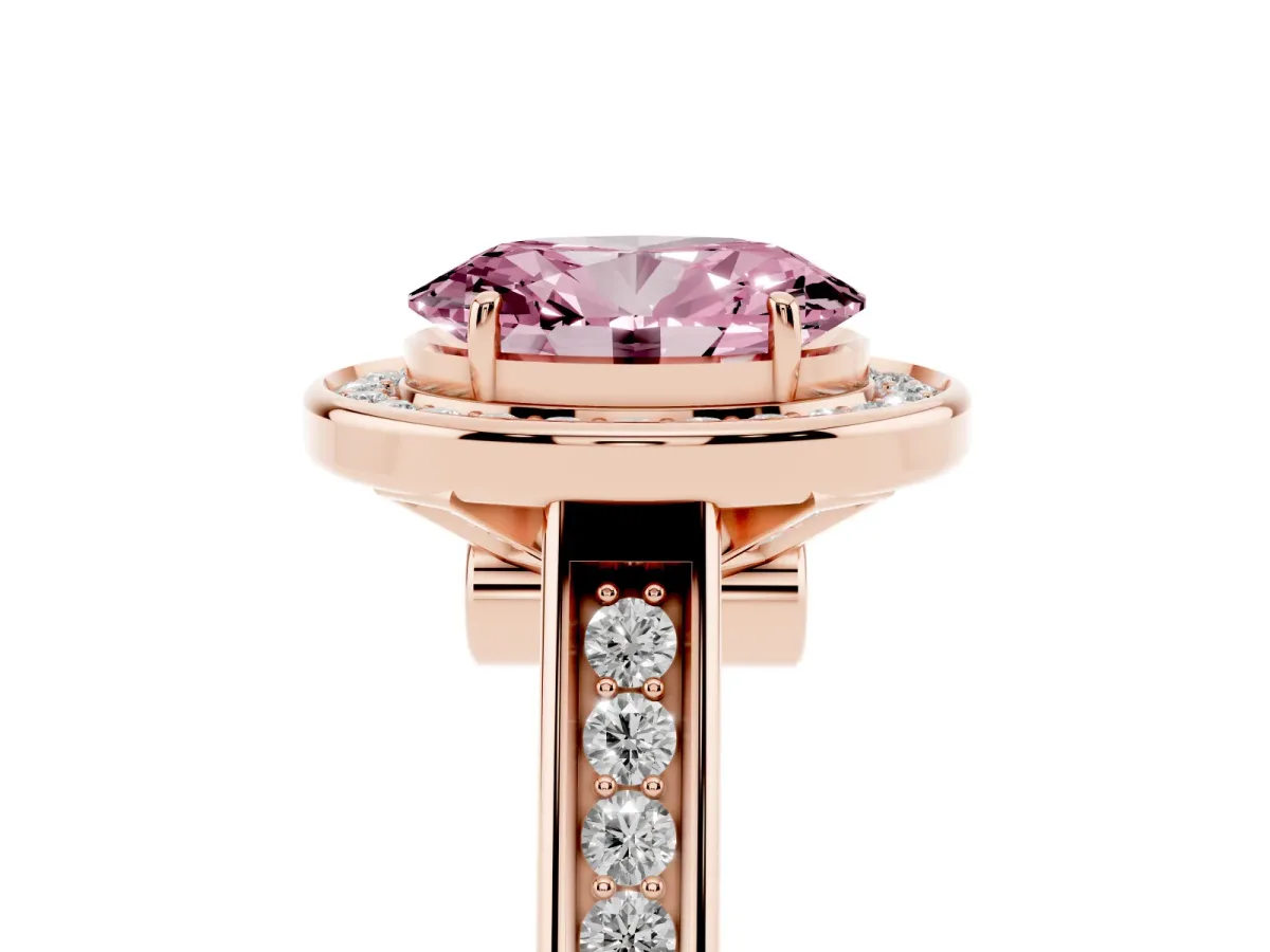 Fancy Pink Oval Cut Halo Solitaire Diamond Ring with Pave Band and Bezel Setting Rose gold
