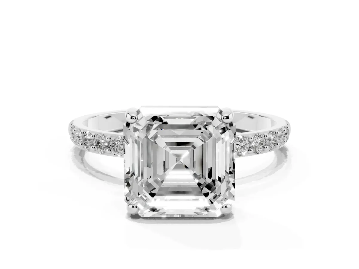 Asscher Cut Diamond Solitaire Ring with Round Pavé Band and Prong Setting Platinum