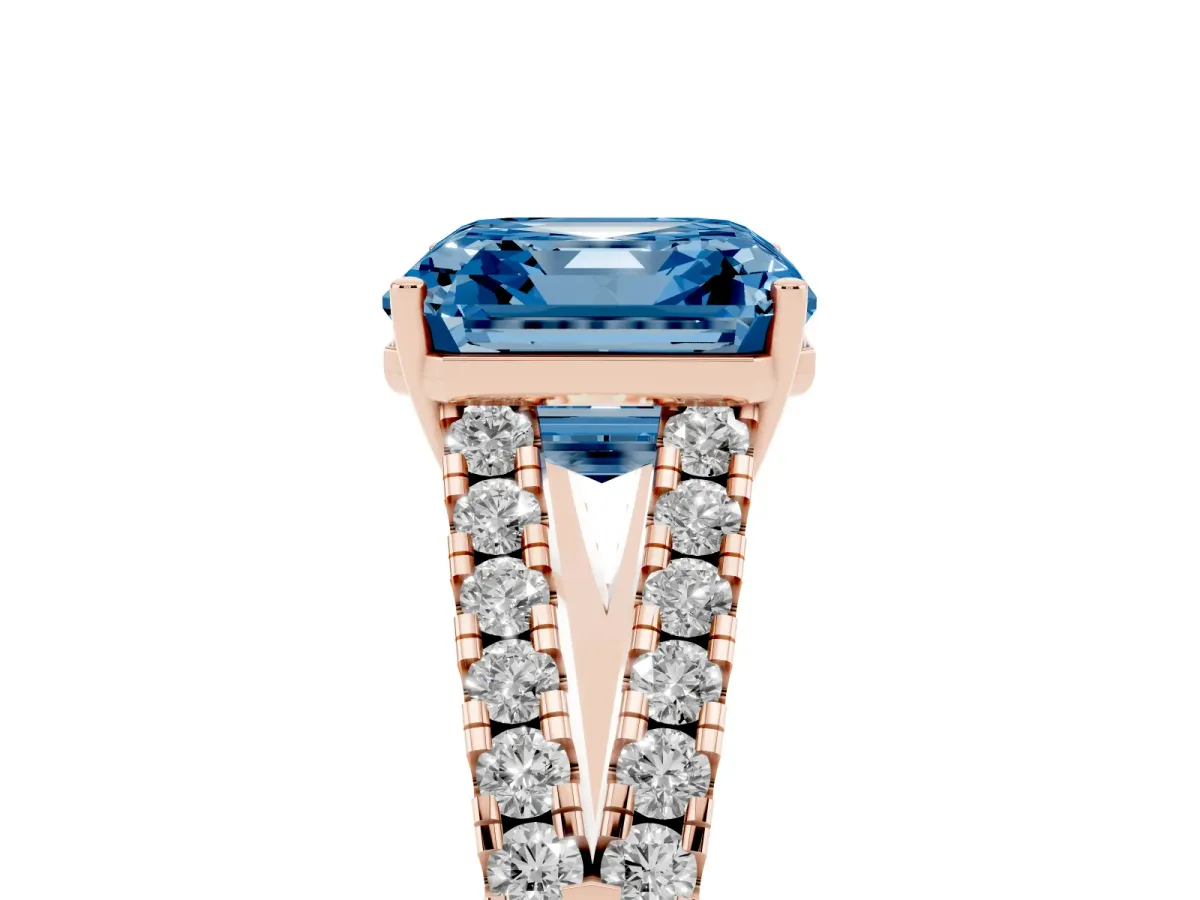 Fancy Blue Asscher Cut Diamond Split Shank Engagement Ring with Round Pavé and Prong Setting Rose gold