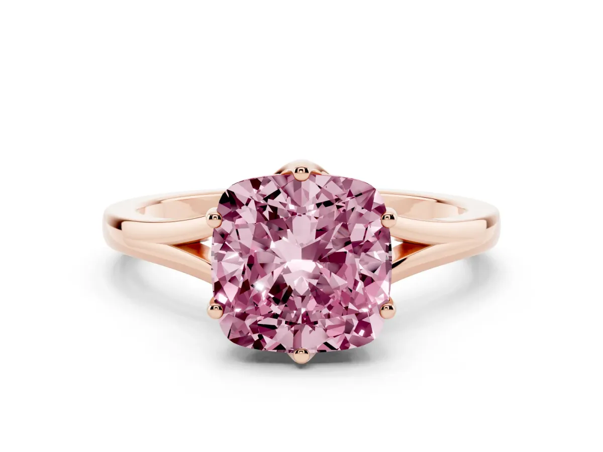 Fancy Pink Cushion Cut Solitaire Diamond Ring with Six-Prong Setting and Tapered Band Rose gold