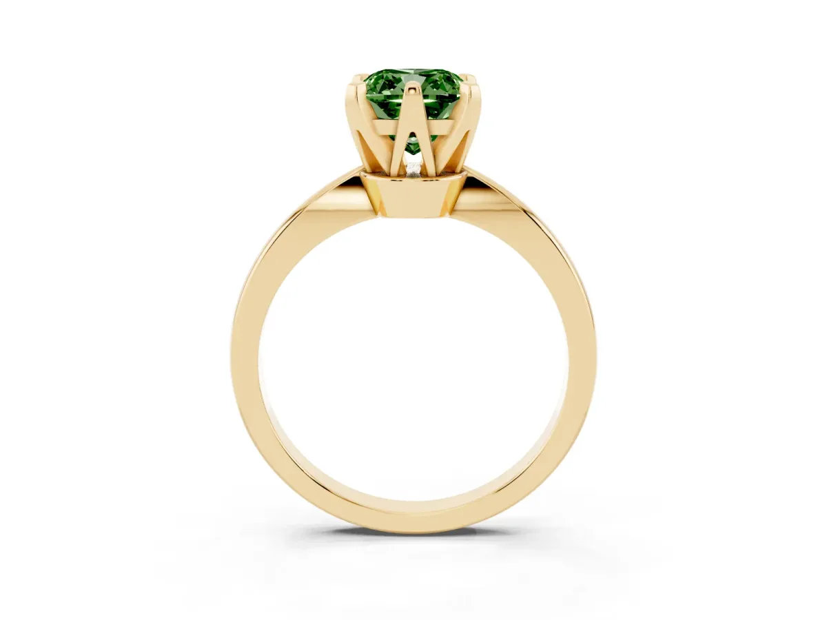Fancy Green Cushion Cut Solitaire Engagement Ring with Six-Prong Setting and Tapered Band Yellow gold