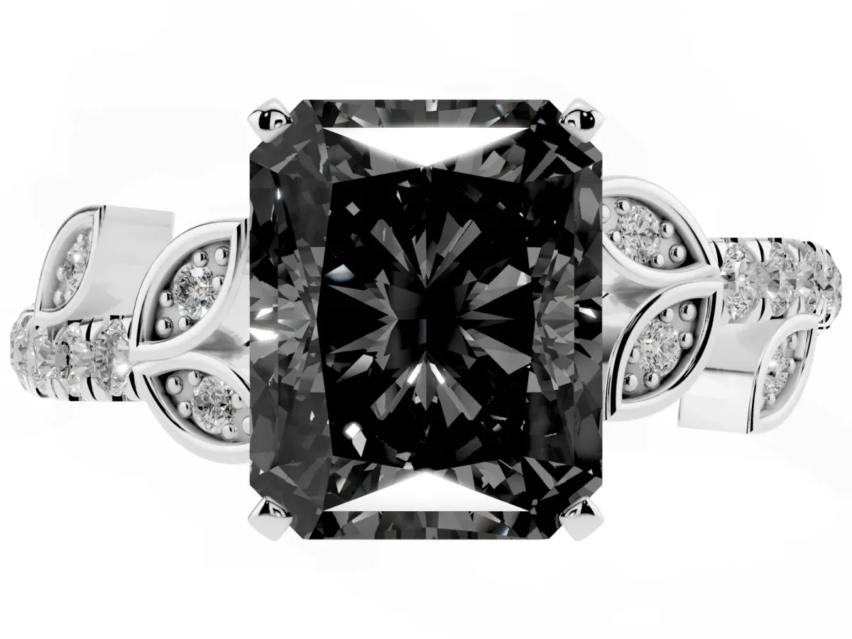 Fancy Black Radiant Cut Solitaire Leaf-Inspired Diamond Ring with Pavé Band and Four-Prong Setting Silver
