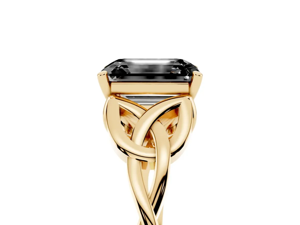Fancy Black Emerald Cut Diamond Solitaire Engagement Ring with Celtic Knot Band and Four-Prong Setting Yellow gold