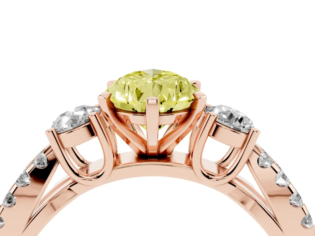 Fancy Yellow Pear Cut Diamond Three-Stone Ring with Pavé Split Shank and Four-Prong Setting Rose gold