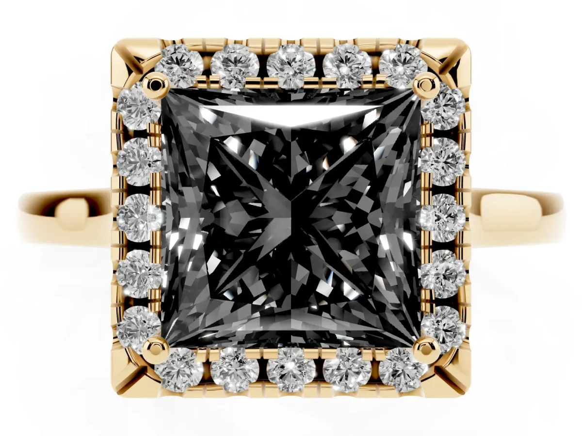 Fancy Black Princess Cut Halo Round Diamond Solitaire Ring with Pavé Band and Four-Prong Setting Yellow gold